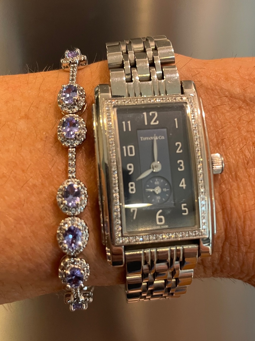 Tanzanite and Diamond Tennis Bracelet 6.25” with extra links 925 Sterling